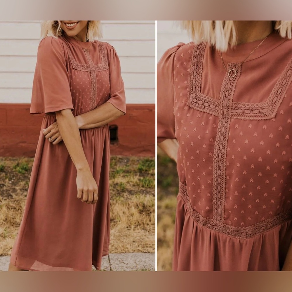 Polagram Lace Front Short Sleeve High Neck Mauve Midi Dress Size Medium